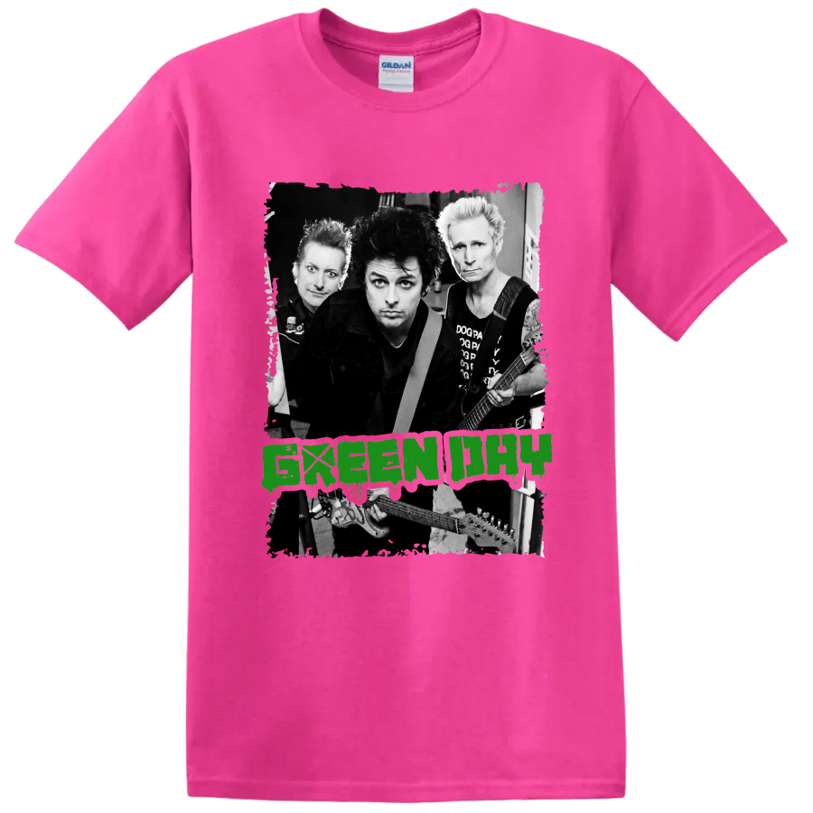 Green Day punk rock band portrait with guitars and distressed green lettering on a Safety Pink T Shirt