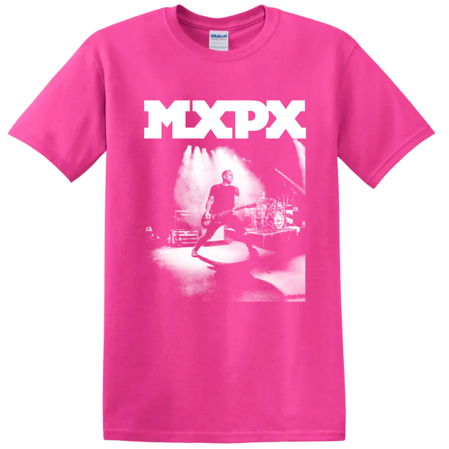 MxPx punk rock graphic print with bold lettering and monochrome illustration on a Safety Pink T Shirt