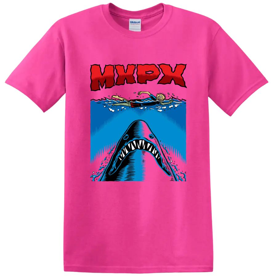 MxPx punk rock shark graphic with swimmer and ocean waves on a Safety Pink T Shirt