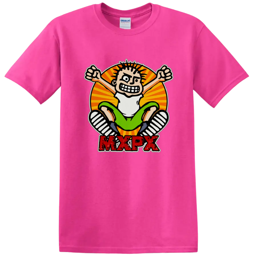 MxPx punk rock cartoon skateboard graphic with distressed red lettering on a Safety Pink T Shirt