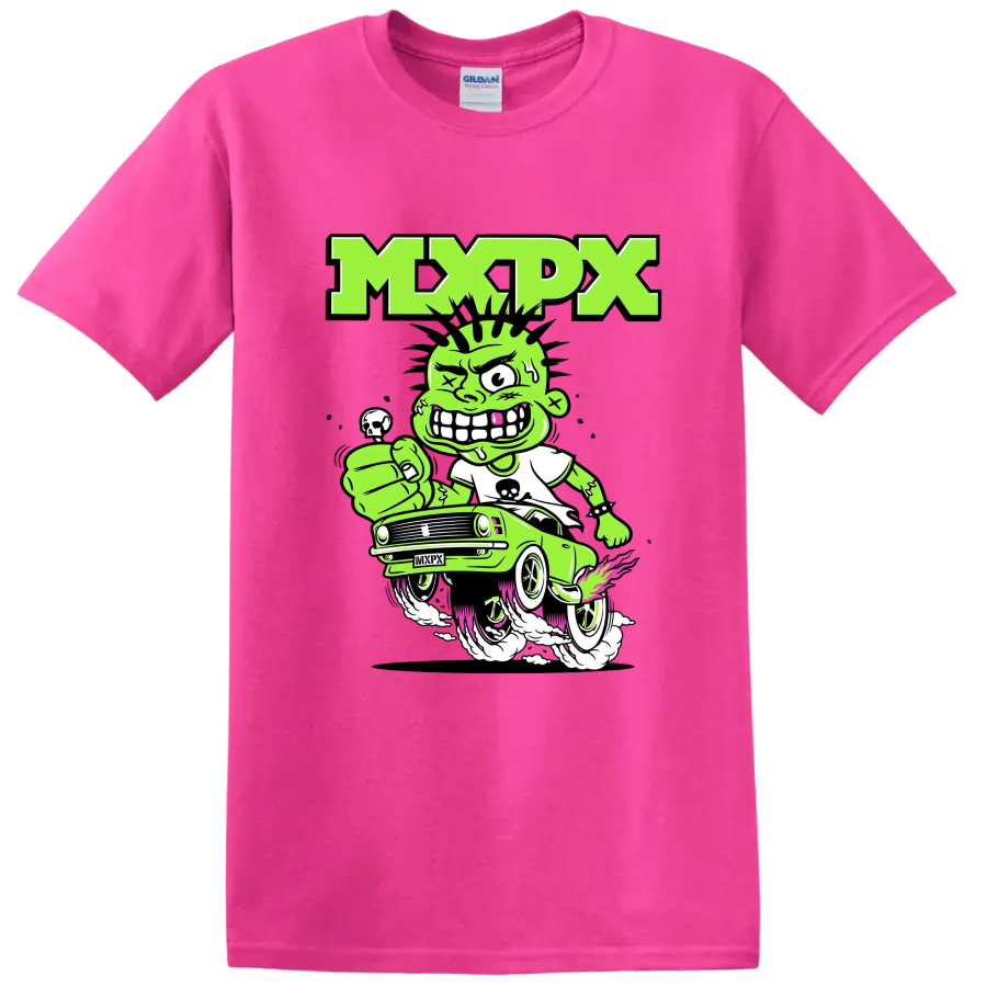 MxPx punk rock cartoon car graphic with green character on a Safety Pink T Shirt