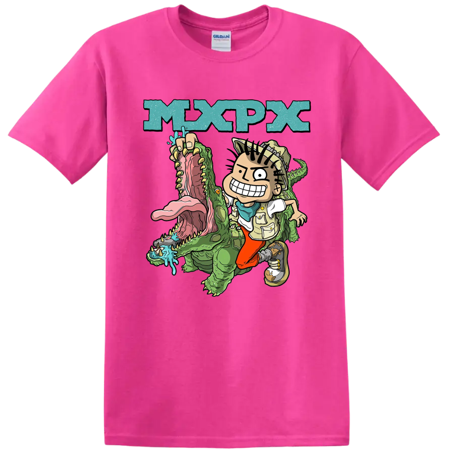 MxPx cartoon punk rock design with character riding a green crocodile on a Safety Pink T Shirt