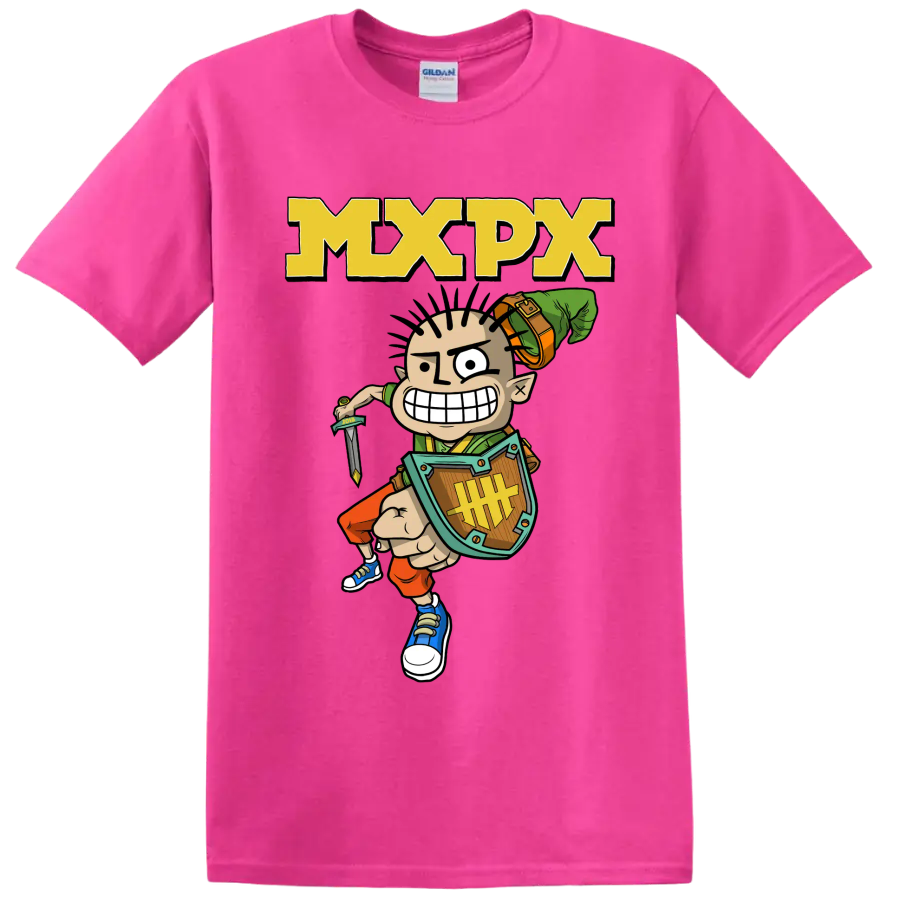 MxPx cartoon warrior punk rock graphic with bold MXPX lettering on a Safety Pink T Shirt