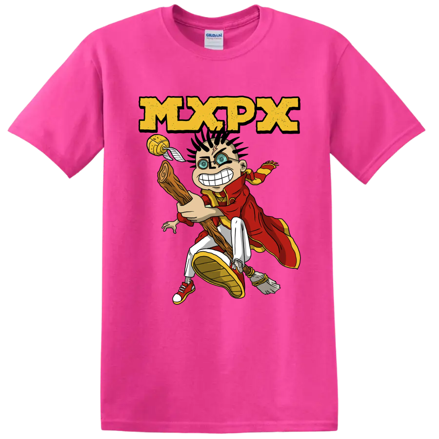 MxPx punk rock cartoon character graphic with distressed logo on a Safety Pink T Shirt