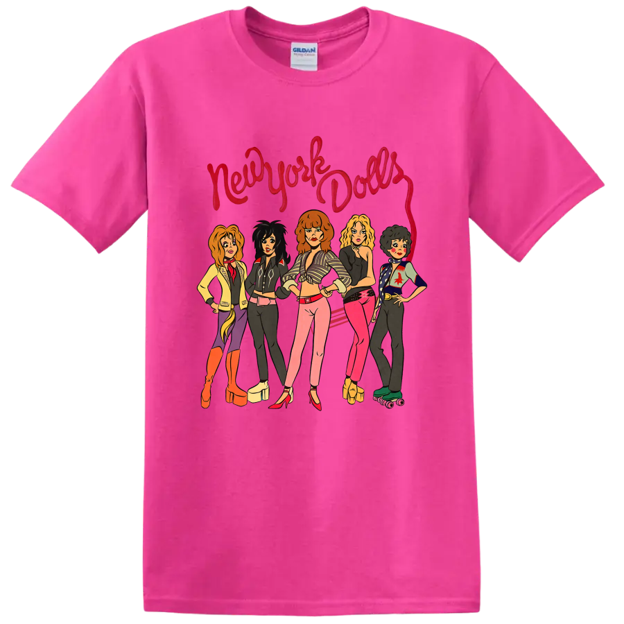 New York Dolls illustrated punk rock band graphic with red script lettering on a Safety Pink T Shirt