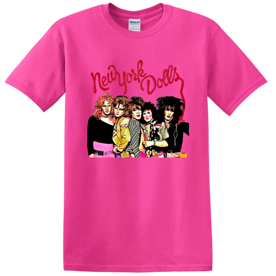 New York Dolls punk rock group portrait with red script lettering on a Safety Pink T Shirt