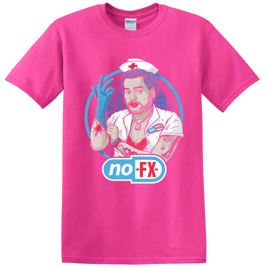 NOFX punk rock nurse illustration with blue hair and no-FX graphic on a Safety Pink T Shirt