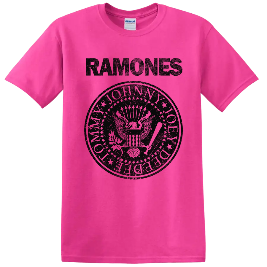 Ramones eagle seal graphic with vintage punk rock lettering on a Safety Pink T Shirt