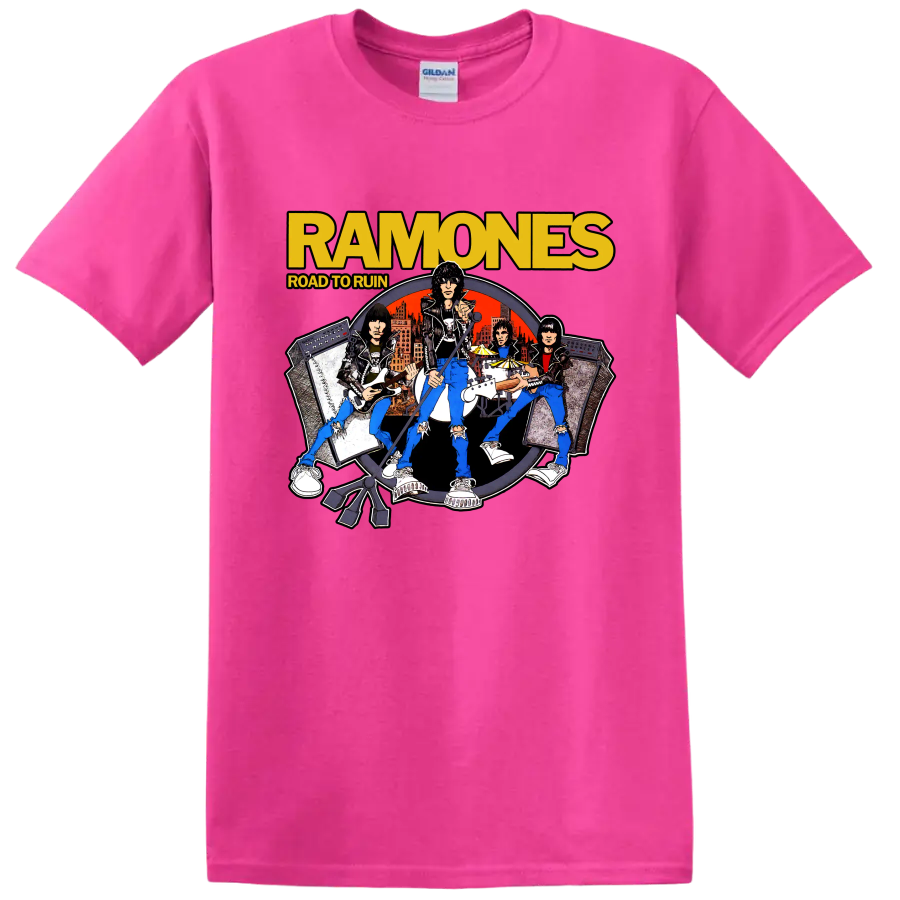 Ramones Road to Ruin illustrated punk rock band graphic print on a Safety Pink T Shirt