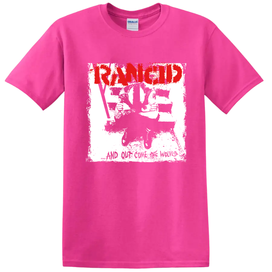 Distressed red Rancid logo with black and white punk artwork on a Safety Pink T Shirt