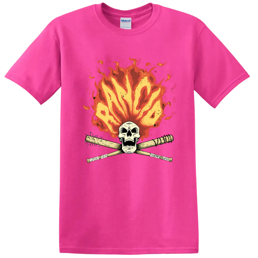 Rancid punk rock skull with crossed bats and distressed flames on a Safety Pink T Shirt