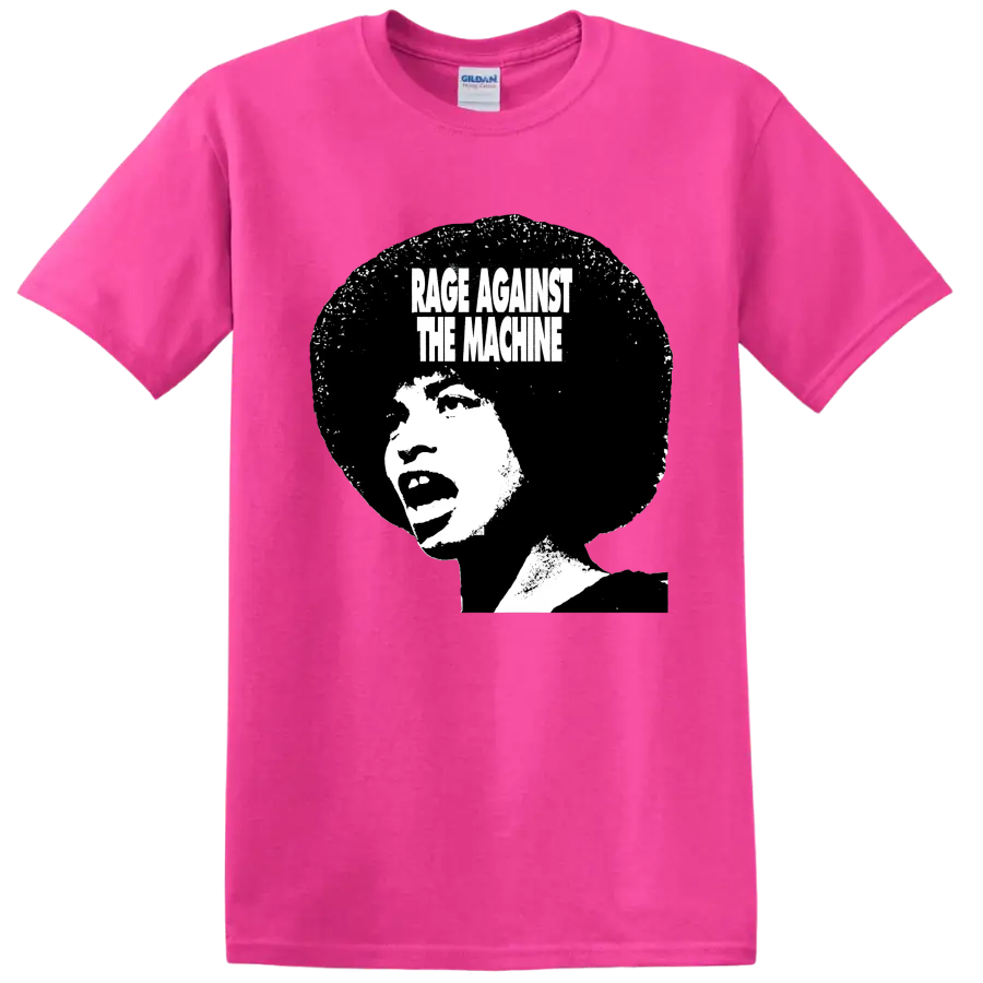 Rage Against the Machine distressed black and white portrait graphic on a Safety Pink T Shirt
