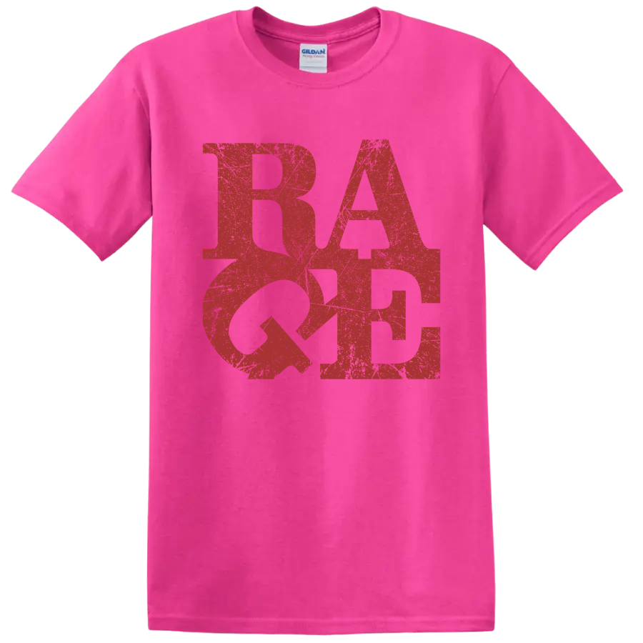 Distressed red RATM logo graphic print on a Safety Pink T Shirt