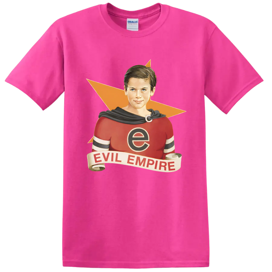 Rage Against the Machine Evil Empire vintage comic-style superhero graphic on a Safety Pink T Shirt
