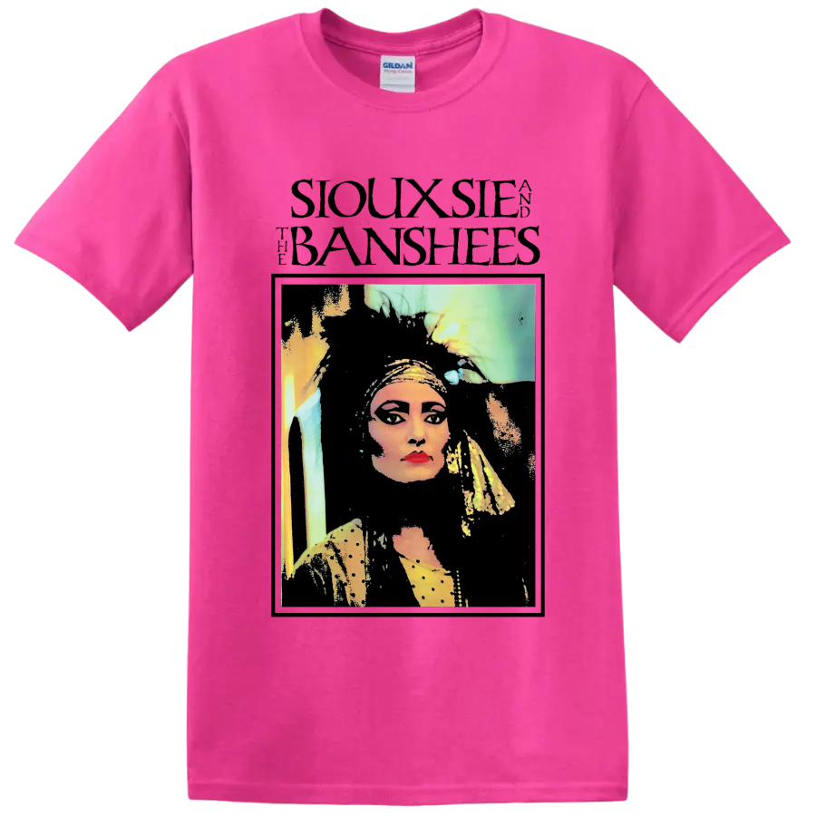 Siouxsie and the Banshees punk rock portrait graphic on a Safety Pink T Shirt