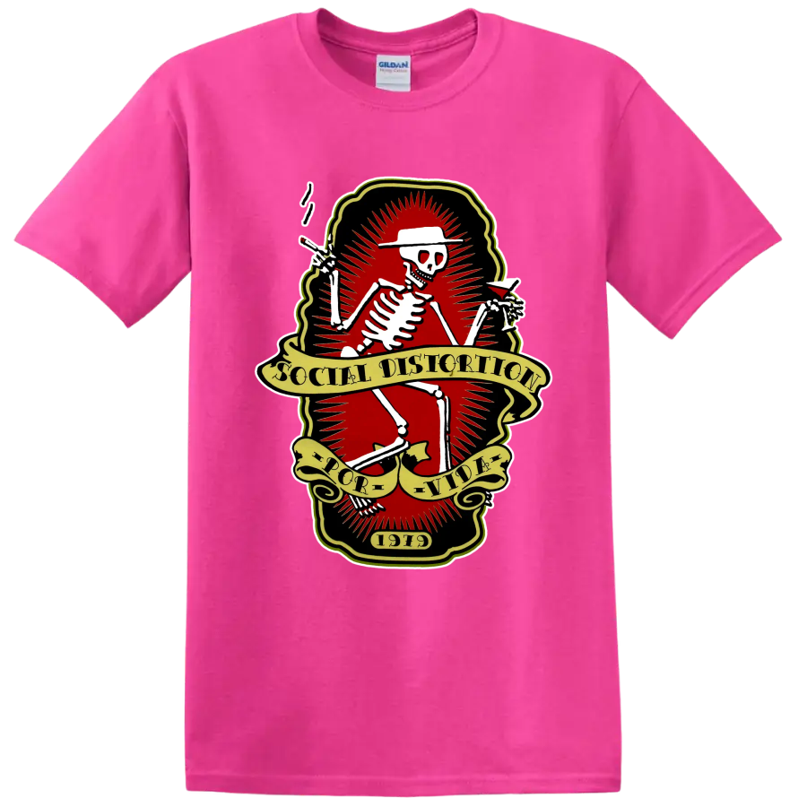 Social Distortion skeleton punk rock band logo with vintage banners on a Safety Pink T Shirt