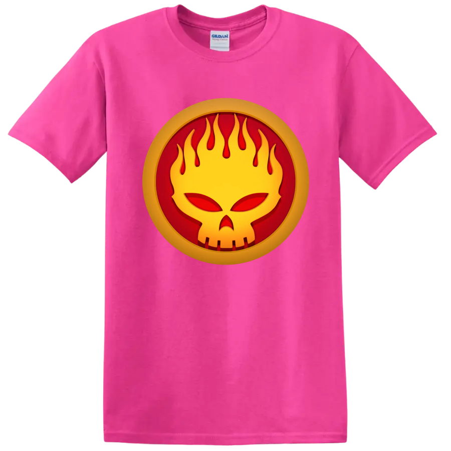 The Offspring flaming face punk rock logo graphic on a Safety Pink T Shirt