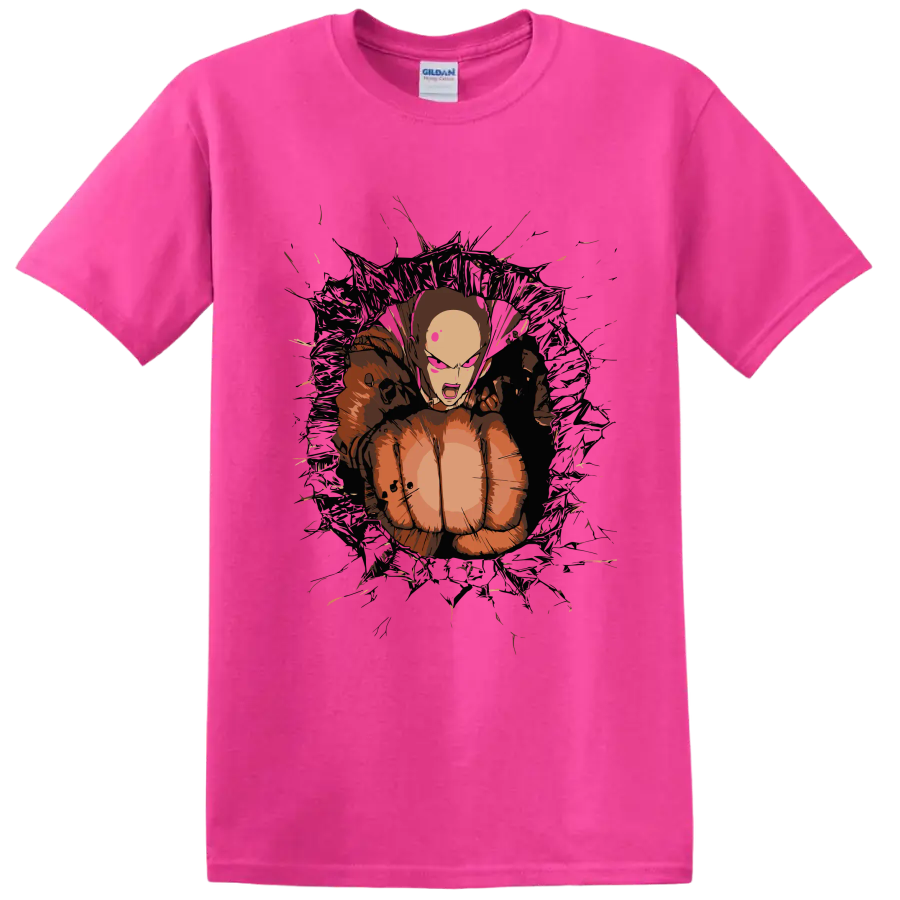 Saitama in a distressed anime action graphic from One-Punch Man on a Safety Pink T Shirt