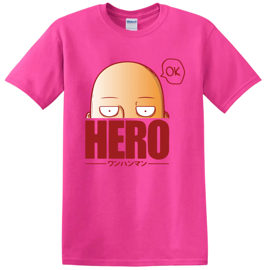 Saitama peeking over HERO lettering in a bold One-Punch Man cartoon graphic on a Safety Pink T Shirt