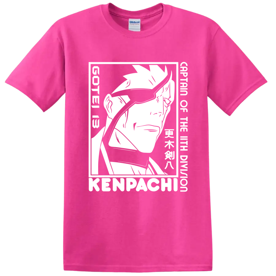 Kenpachi Zaraki black-and-white manga-style swordsman portrait graphic on a Safety Pink T Shirt