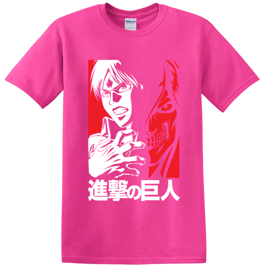 Eren Yeager and Attack Titan split-profile anime graphic on a Safety Pink T Shirt
