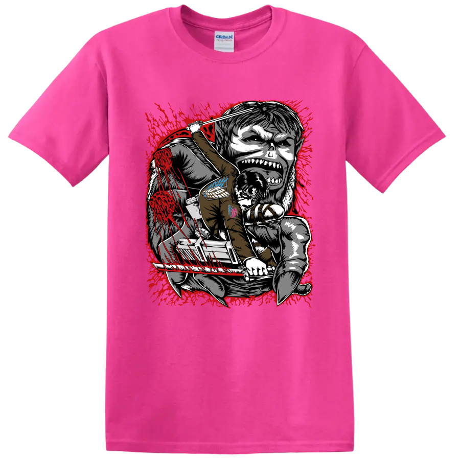 Levi Ackerman battling the Beast Titan in red splatter Attack on Titan manga art on a Safety Pink T Shirt