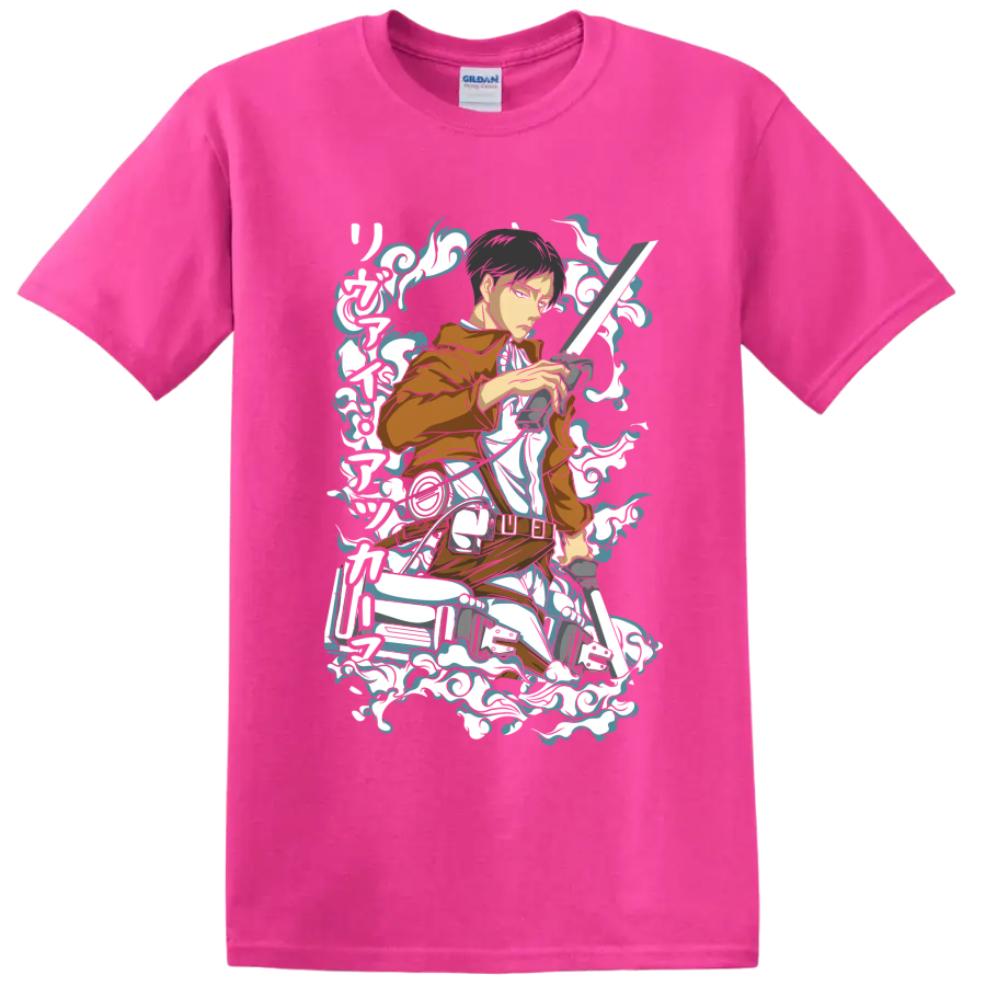 Levi Ackerman Scout Regiment action graphic with blades and swirling smoke accents on a Safety Pink T Shirt