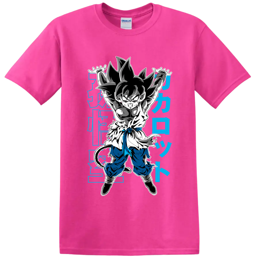 Kid Goku in a Genki Dama-inspired manga action pose with blue Japanese-style characters on a Safety Pink T Shirt