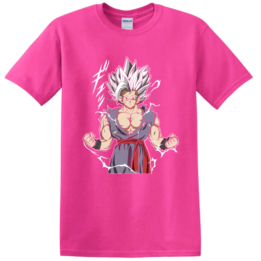Gohan Beast anime graphic with white hair, torn purple gi, red sash, and energy accents on a Safety Pink T Shirt