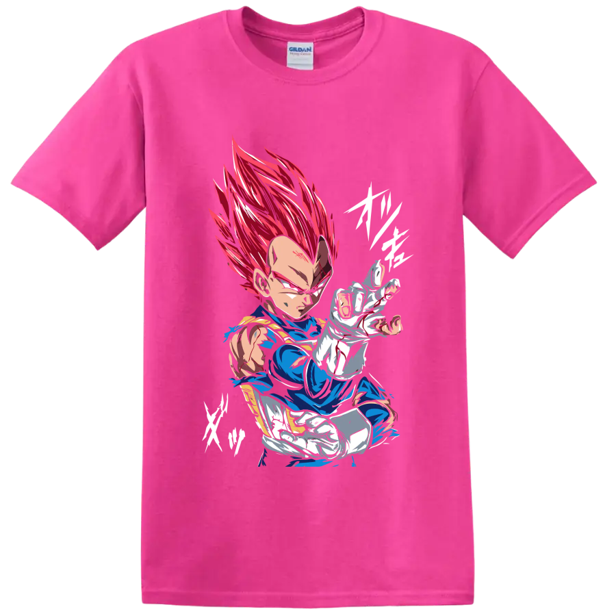 Vegeta Super Saiyan God in a fierce red-haired anime battle pose on a Safety Pink T Shirt