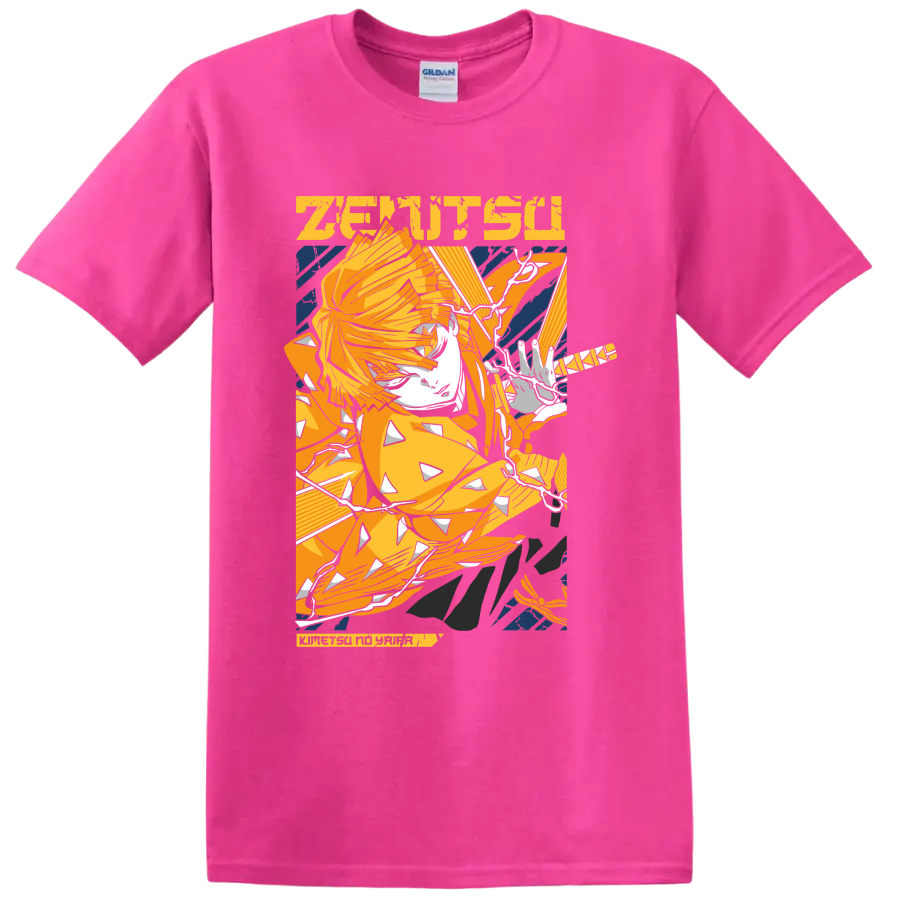 Zenitsu Agatsuma lightning-inspired anime action graphic on a Safety Pink T Shirt