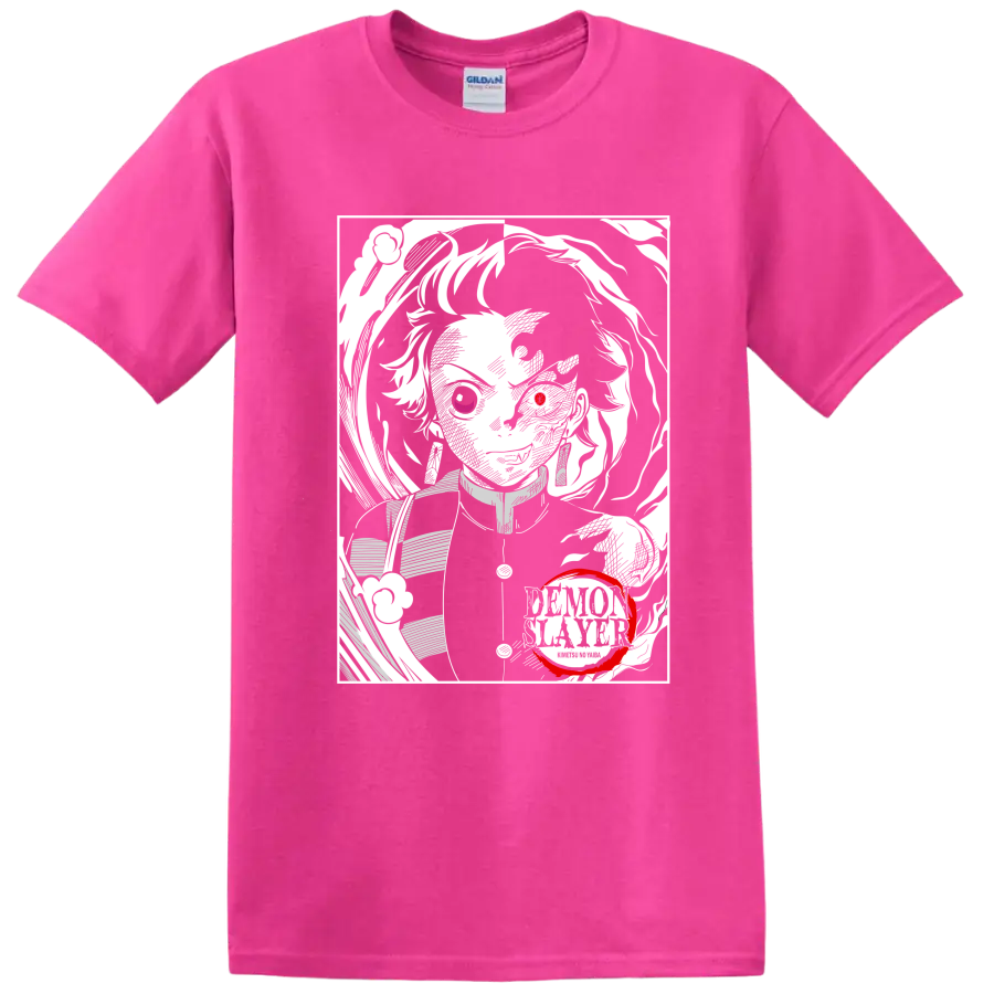 Rui from Demon Slayer in a high-contrast monochrome portrait with red accents on a Safety Pink T Shirt