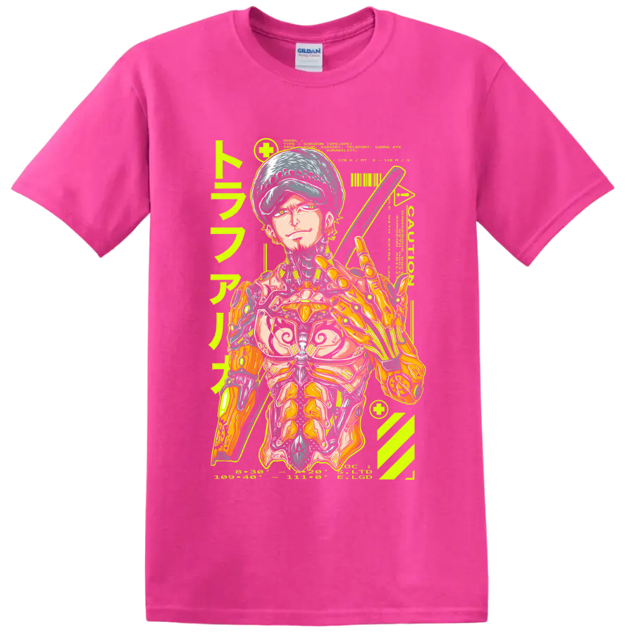 Trafalgar Law cyborg mecha manga graphic with sword and mechanical armor on a Safety Pink T Shirt