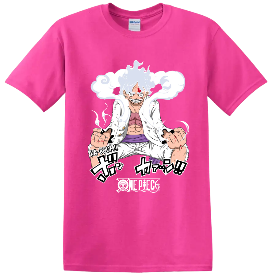 Monkey D. Luffy Gear 5 manga action art with swirling cloud effects on a Safety Pink T Shirt