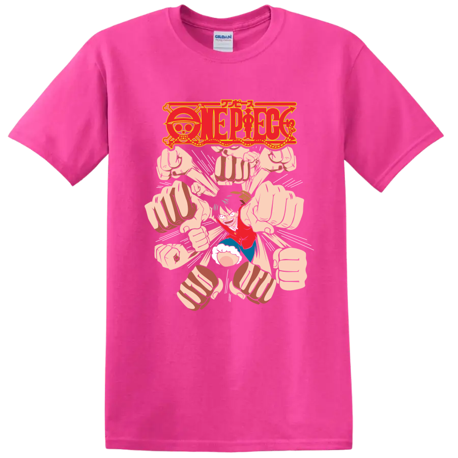 Monkey D. Luffy Gomu Gomu no Gatling manga graphic with One Piece logo and flying fists on a Safety Pink T Shirt