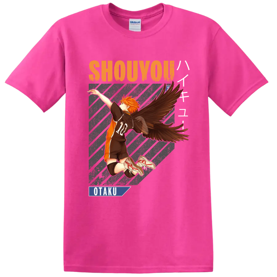 Shoyo Hinata winged volleyball anime graphic with Shouyou and Otaku text on a Safety Pink T Shirt