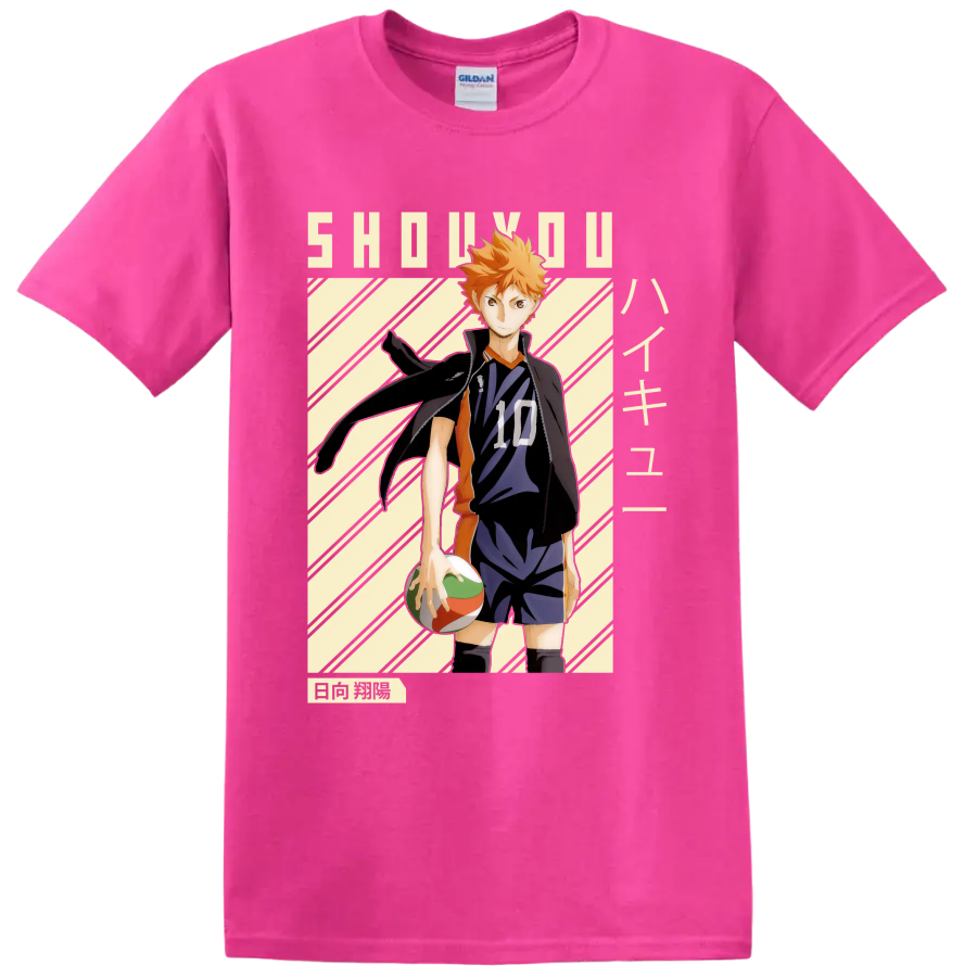 Shoyo Hinata in Karasuno number 10 uniform with volleyball manga-style graphic on a Safety Pink T Shirt