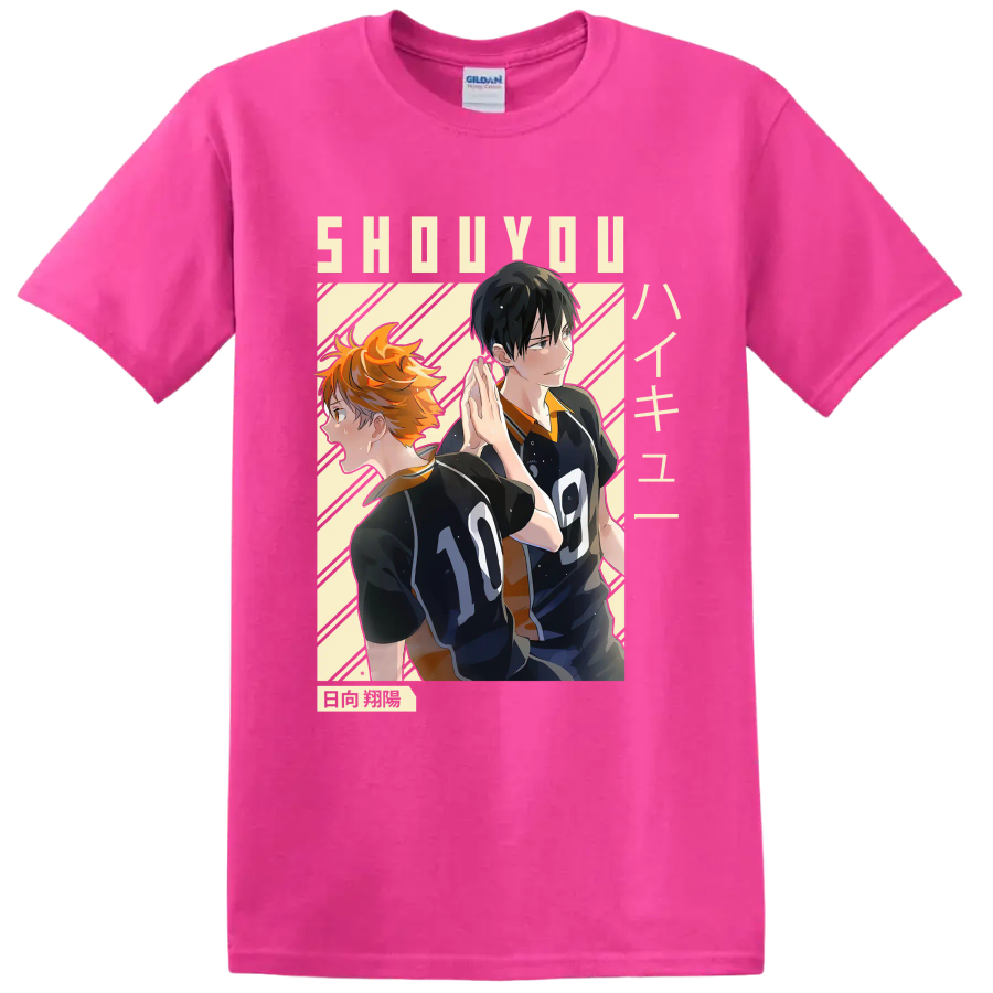 Anime-style Shoyo Hinata and Tobio Kageyama in Karasuno volleyball uniforms on a Safety Pink T Shirt