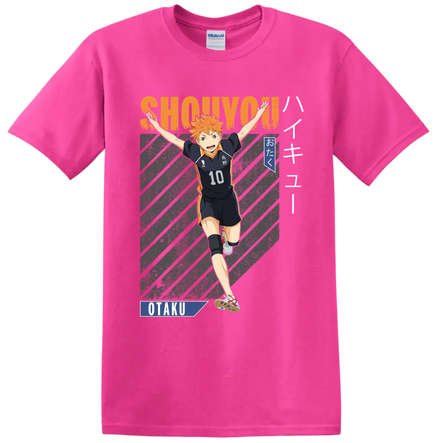 Shoyo Hinata in Karasuno No. 10 uniform with SHOUYOU lettering and otaku graphics on a Safety Pink T Shirt