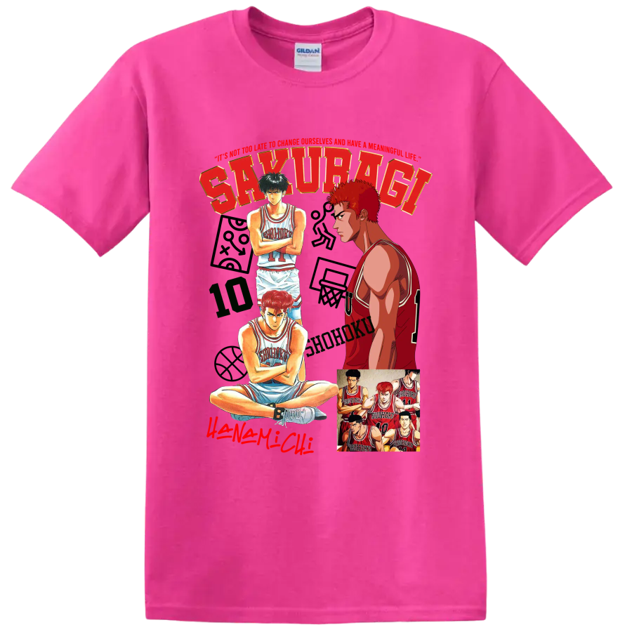 Slam Dunk manga collage of Hanamichi Sakuragi, Kaede Rukawa, and Shohoku players on a Safety Pink T Shirt
