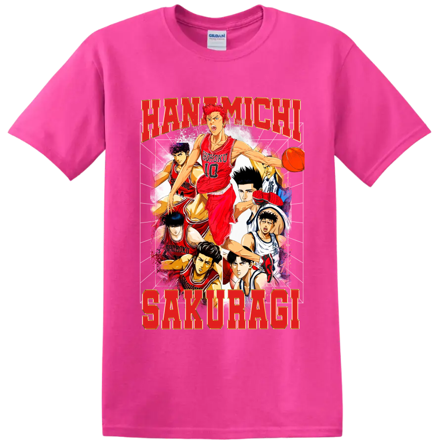 Hanamichi Sakuragi Slam Dunk manga basketball collage with Shohoku players on a Safety Pink T Shirt