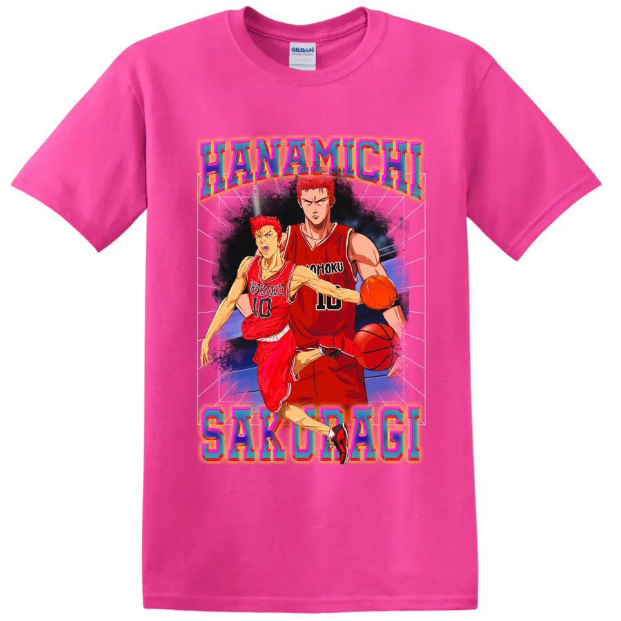 Hanamichi Sakuragi Slam Dunk basketball action in colorful retro poster art on a Safety Pink T Shirt