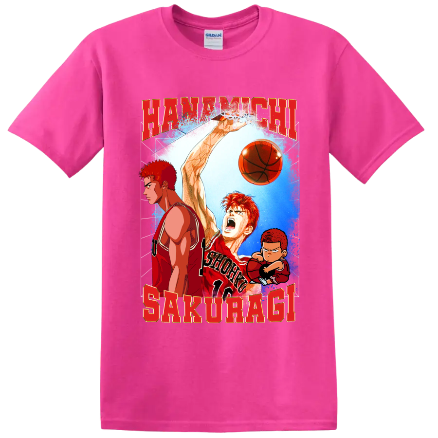 Hanamichi Sakuragi Slam Dunk manga basketball graphic with red lettering and chibi art on a Safety Pink T Shirt