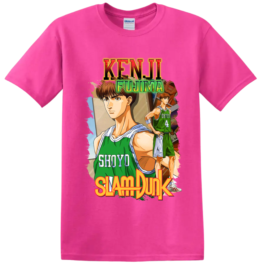 Kenji Fujima Slam Dunk manga basketball graphic with Shoyo jersey number 4 on a Safety Pink T Shirt