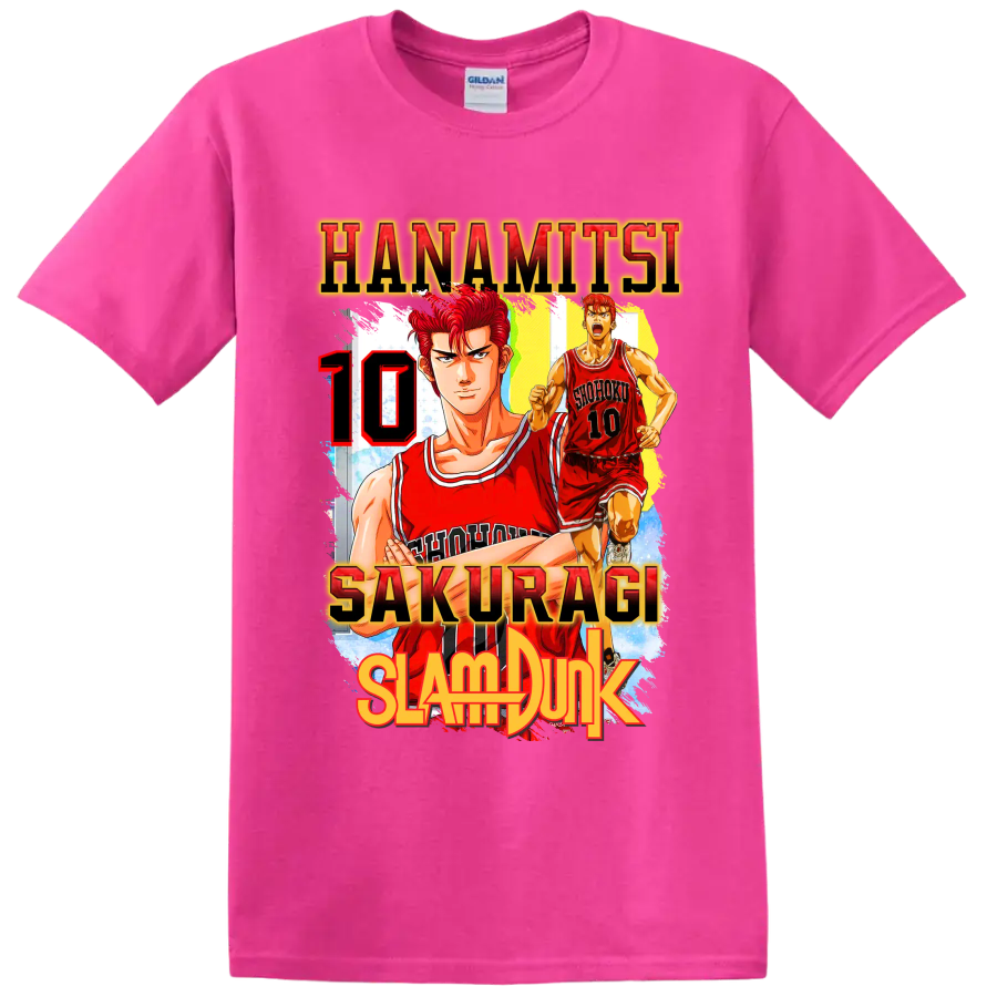 Hanamichi Sakuragi Slam Dunk manga basketball graphic with red number 10 on a Safety Pink T Shirt