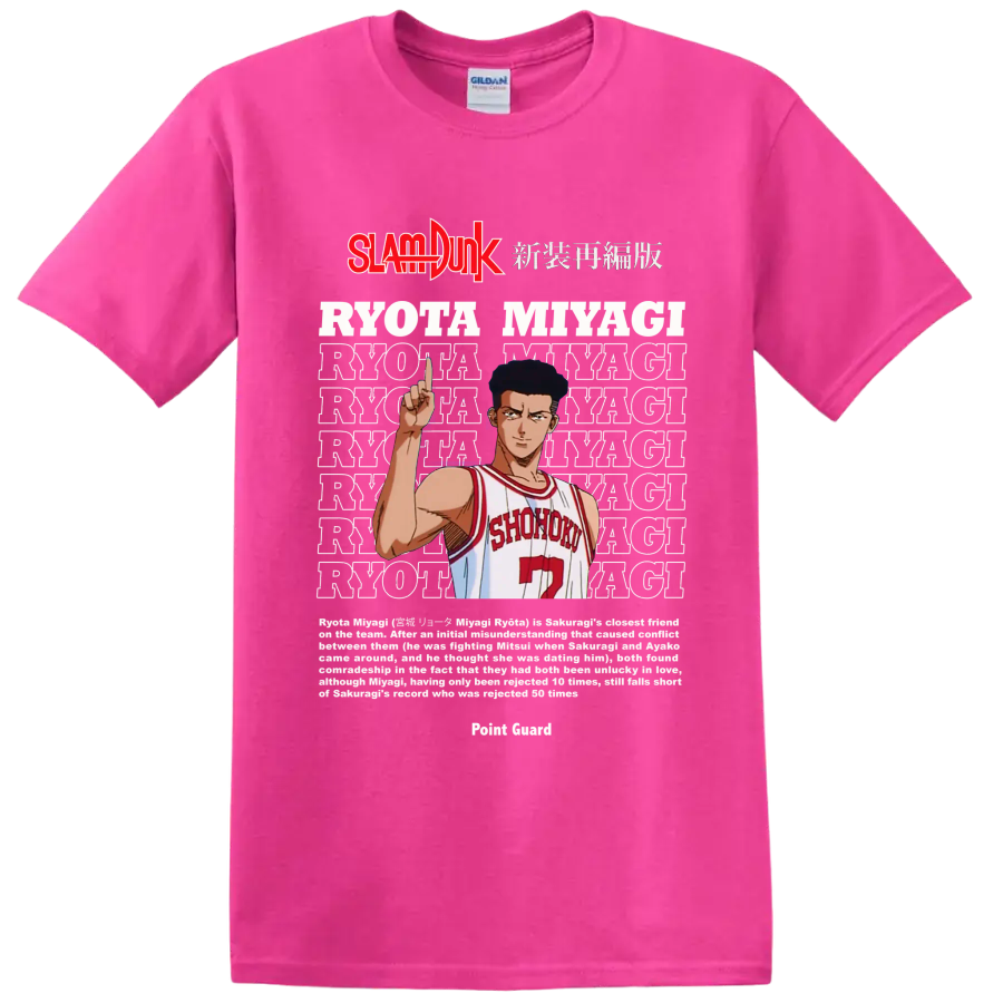 Ryota Miyagi Slam Dunk manga graphic in Shohoku number 7 uniform on a Safety Pink T Shirt
