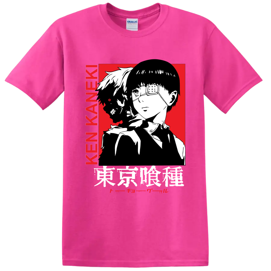 Ken Kaneki Tokyo Ghoul manga portrait with glasses, dark profile, and red backdrop on a Safety Pink T Shirt