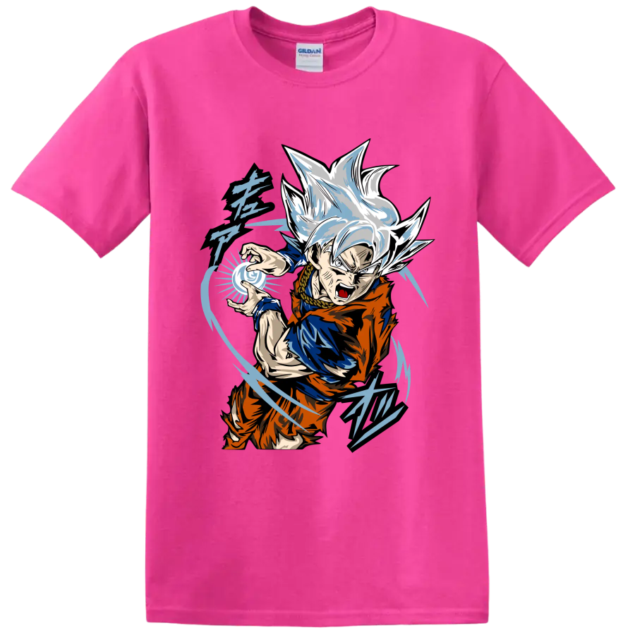 Goku Ultra Instinct anime fighter with blue energy sphere and sweeping action lines on a Safety Pink T Shirt