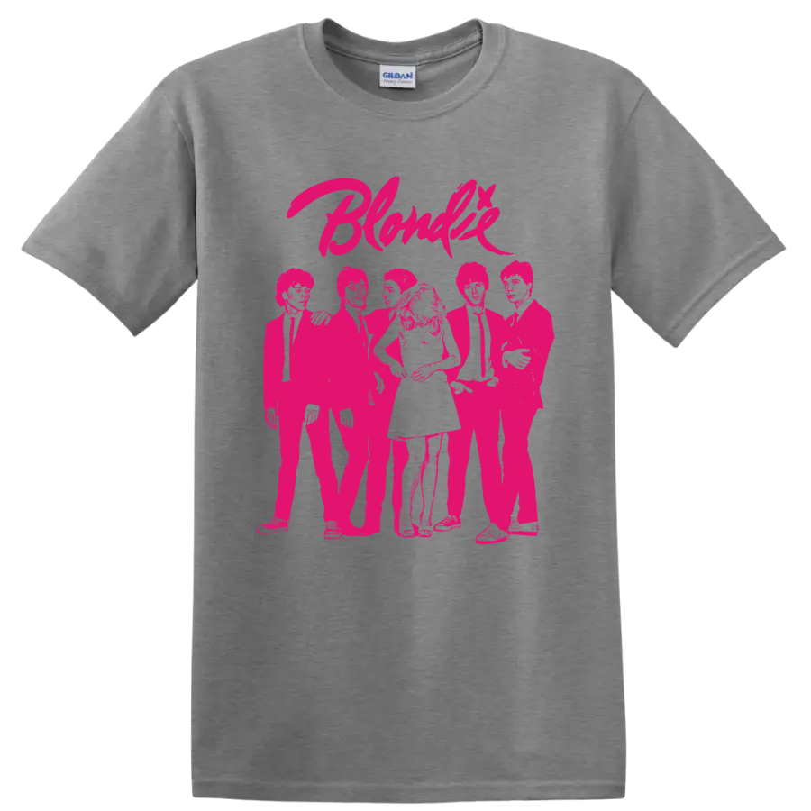 Blondie punk rock band graphic with hot pink lettering and group portrait on a Sport Grey T Shirt