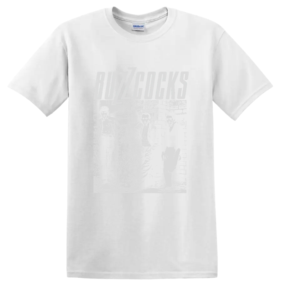 Buzzcocks punk rock band distressed monochrome collage with bold lettering on a White T Shirt